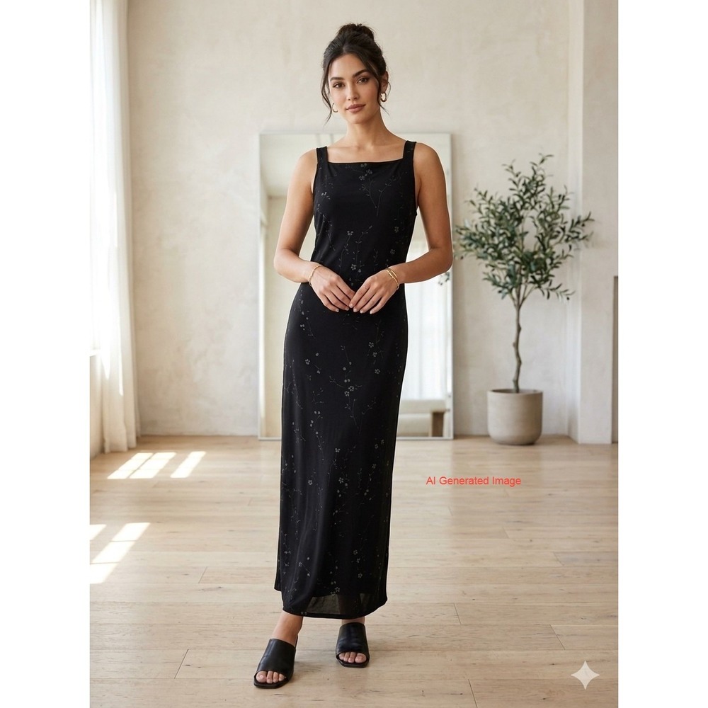 Superstition Vintage 90s Black Glitter Floral Maxi Dress 14 Sleeveless Fairy Y2K